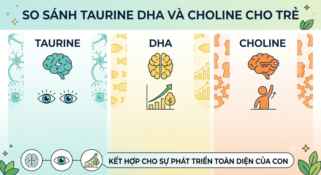 So sánh Taurine DHA và Choline cho trẻ